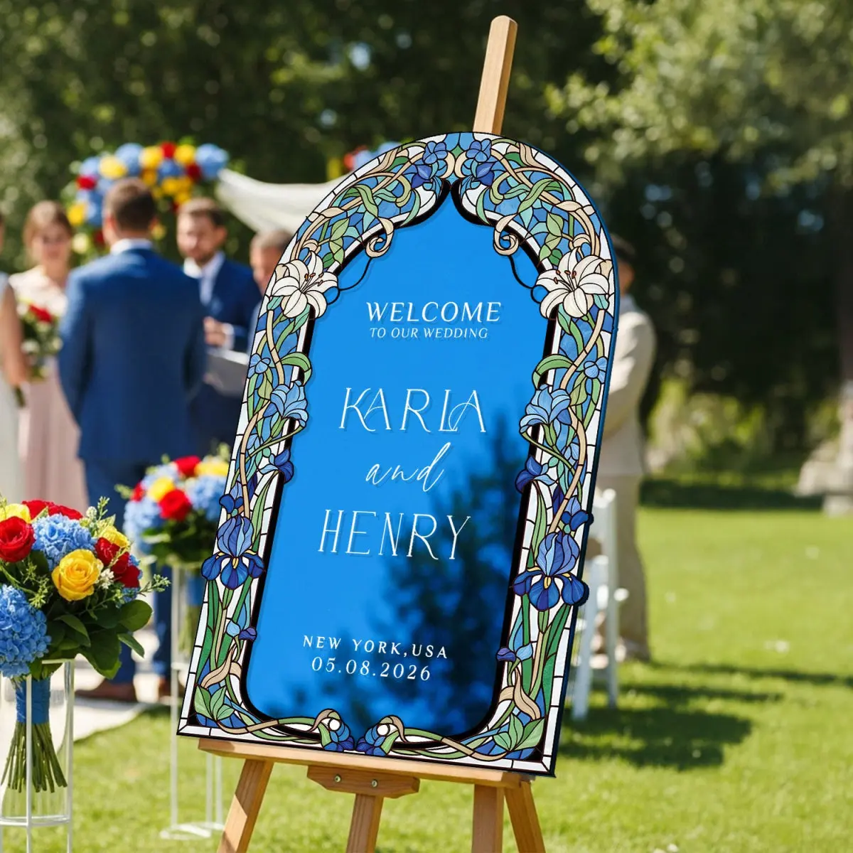 Arched Blue Mirror Wedding Welcome Sign