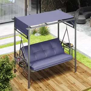 3-Seat 2-in-1 Convertible Porch Swing Bed, Outdoor Patio Metal Swing Hammock Bench with Cup Holders, Garden Hanging Glider Arbour (Dark Blue)
