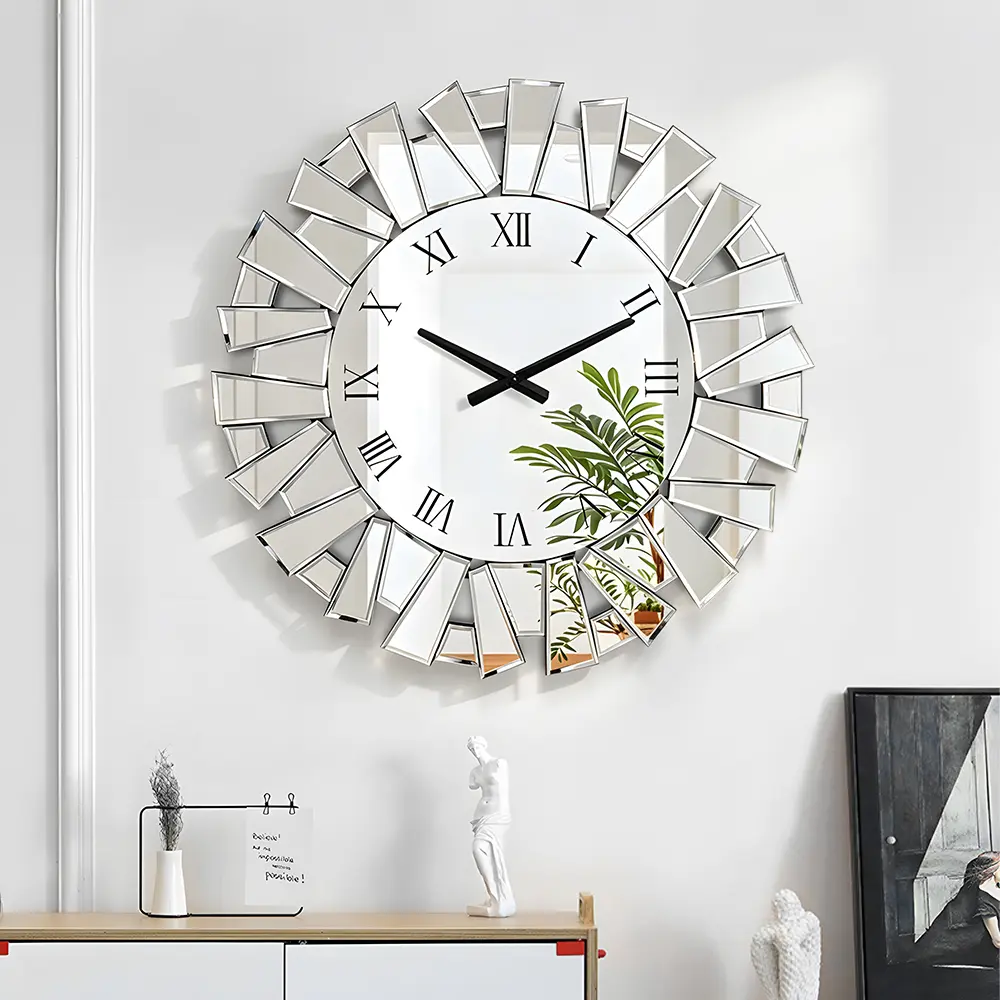 24-Inch Large Modern Mirror Clock, Geometric Luxurious Art Wall Decor, Silvery Wall Clock, Ideal Decorative Item, Silent, Suitable for Bedroom, Bathroom, Living Room And Home Decoration