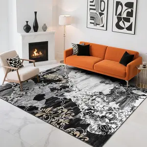 Large 9x12 Black  Abstract Faux Cashmere Print Rug with Non-Slip Backing, Machine Washable, Low Pile Rug for Living Room, Bedroom, Dining Room, Orange/Yellow, Black, 4x6, 5x7, 6x9, 8x10, 9x12 Feet
