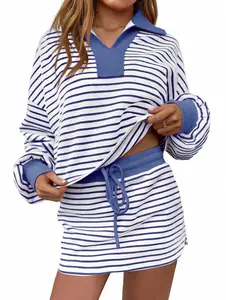 Women's 2-Piece Striped Lounge Set – Oversized Long Sleeve Polo Sweatshirt and Drawstring Mini Skirt Set – Trendy Fall 2025 Streetwear Casual Tracksuit