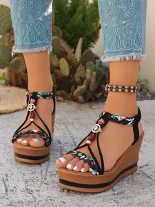 Women's New Versatile Braided Rope Rhinestone Wedge Sandals, Thick Sole Rubber Vacation Shoes, Summer Casual Bohemian Style