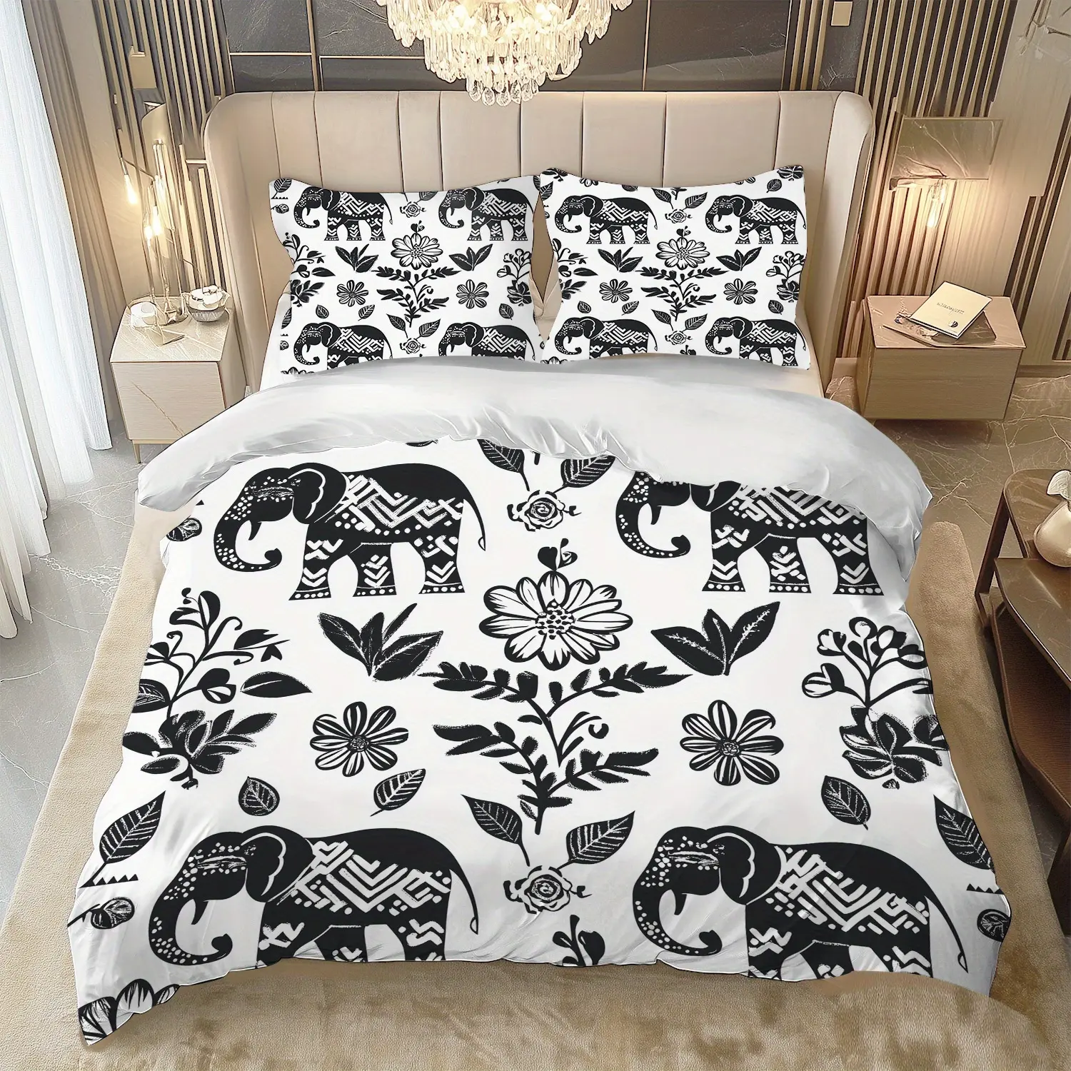 2/3 Pieces Black and White Elephant Thai Latex Three-Piece Set, Easy Care Anti-Wrinkle Machine Washable, Soft and Breathable Microfiber Fabric, Suitable for Family Dormitory, Single Bed/Double Bed