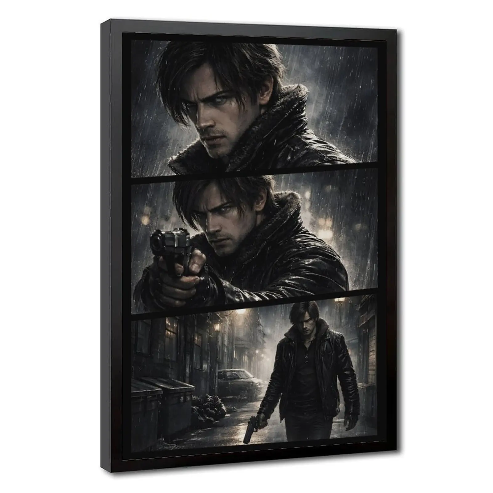 Resident Evil Leon Kennedy Canvas Wall Art Painting - Eco-Friendly, High-Quality Cinematic Rainy Gaming Poster for Man Cave Decoration, Gaming Room Decor; Options: Sleek Black Aluminium Frame, Wrapped Canvas, Frameless Unframed Poster, Artistic, Collectib