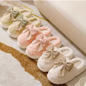 Women Bow Slipper for Home Bedroom Thick Sole Indoor Cute Fuzzy Footwear for Spring/Fall/Winter Holiday Season