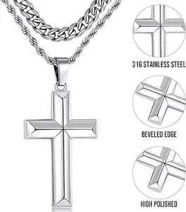 2pcs/set Cross Necklace for Men, Layered MensCross Necklaces Stainless Steel Cross PendantCuban Link Rope Chain,Hypoallergenic & Tarnish-Resistant, Durable Hip Hop Jewelry for Daily Wear