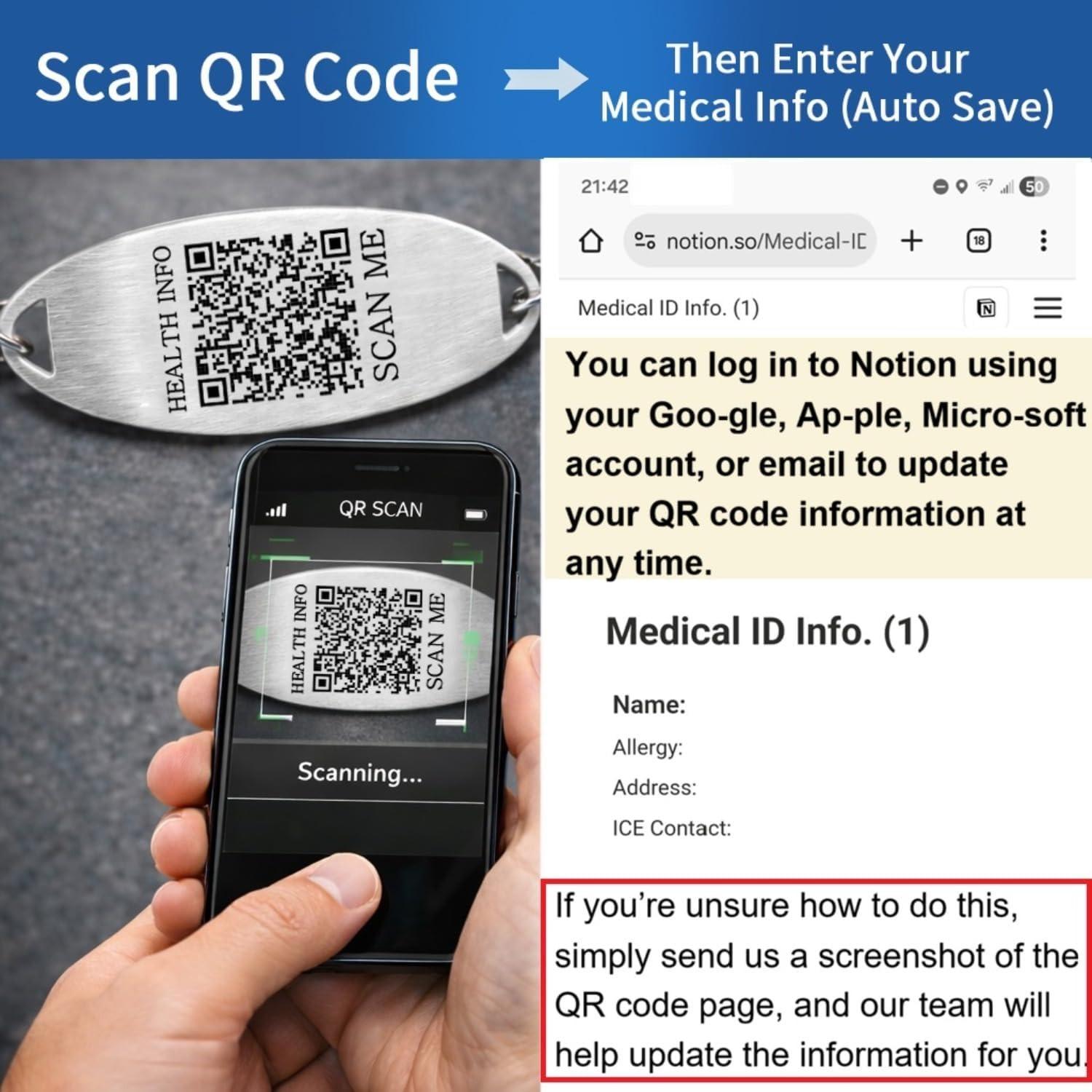 Dynamic QR Code Medical Alert Tennis Bracelet - Stainless Steel - Rhinestone Inlaid, Interchangeable Tag, Dual Lobster Clasps & Extender, Scan to Update Health/Allergy/Emergency Info, Fashion Medical ID Bracelet