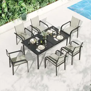 7-Piece Patio Bistro Dining Set – Outdoor Metal Table with 6 Breathable Chairs – Weather-Resistant Garden Furniture for Backyard, Deck, Porch – Black