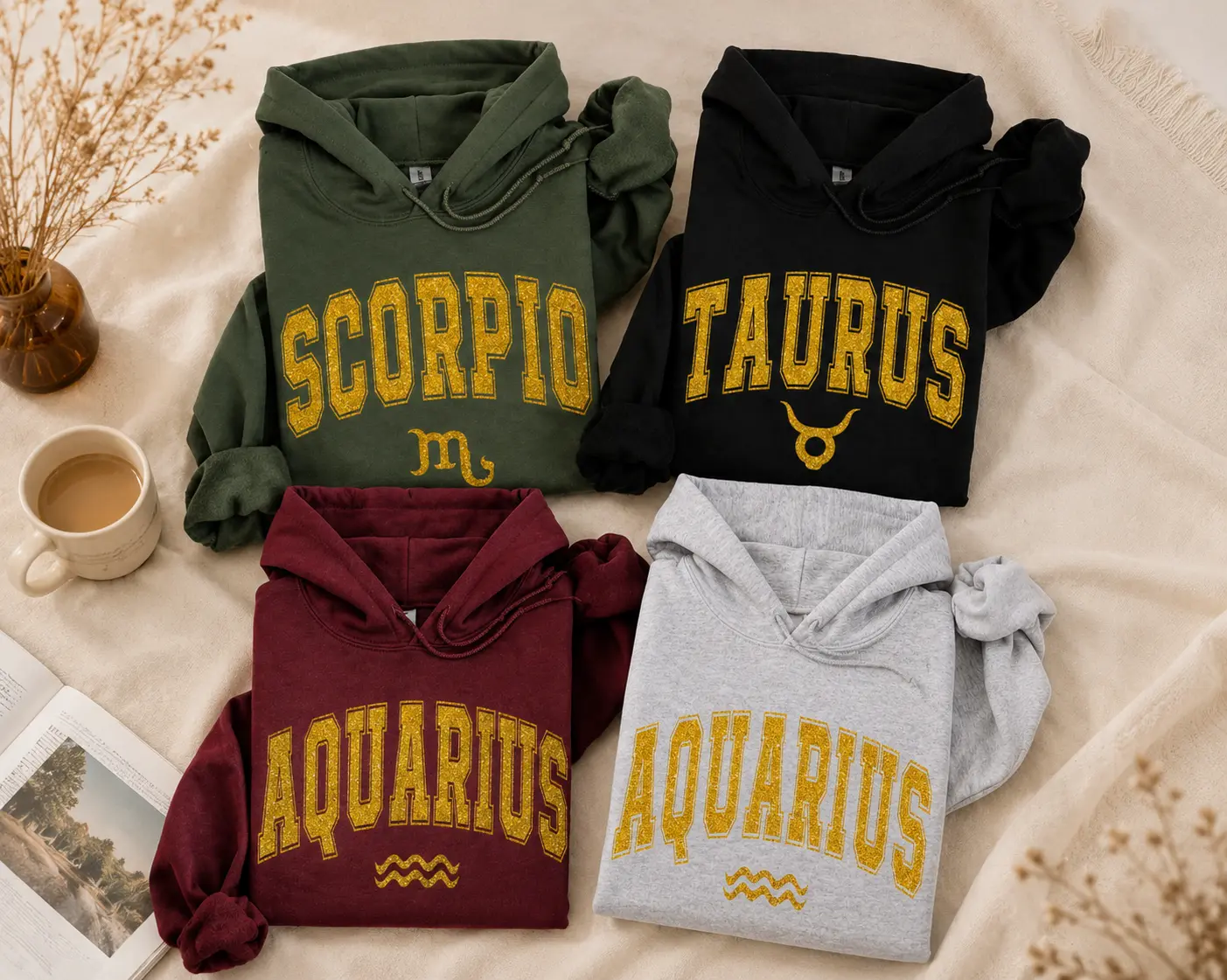 [FULL 12 ZODIAC] Scorpio Taurus Aquarius Hoodie, Vintage Astrology Hoodie, Zodiac Sweatshirt, Horoscope Gift, Unisex Zodiac Pullover, Birthday Gift for Her Him, Fall Winter Hoodie - DPCLICK