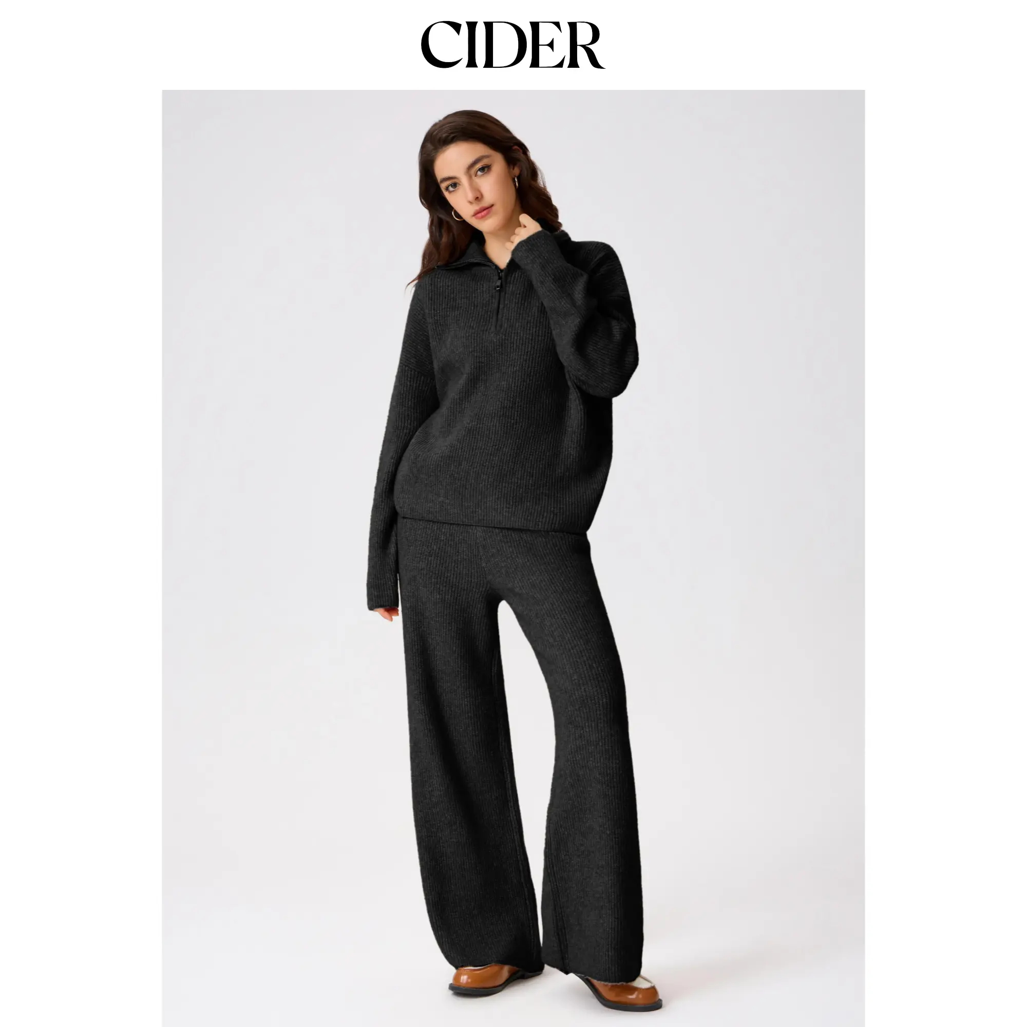 Cider [8 colors, size 0-26] Wool-blend Collar Solid Zipper Knitted Sweater