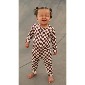 Infant Romper in Cream + Brown Checkered