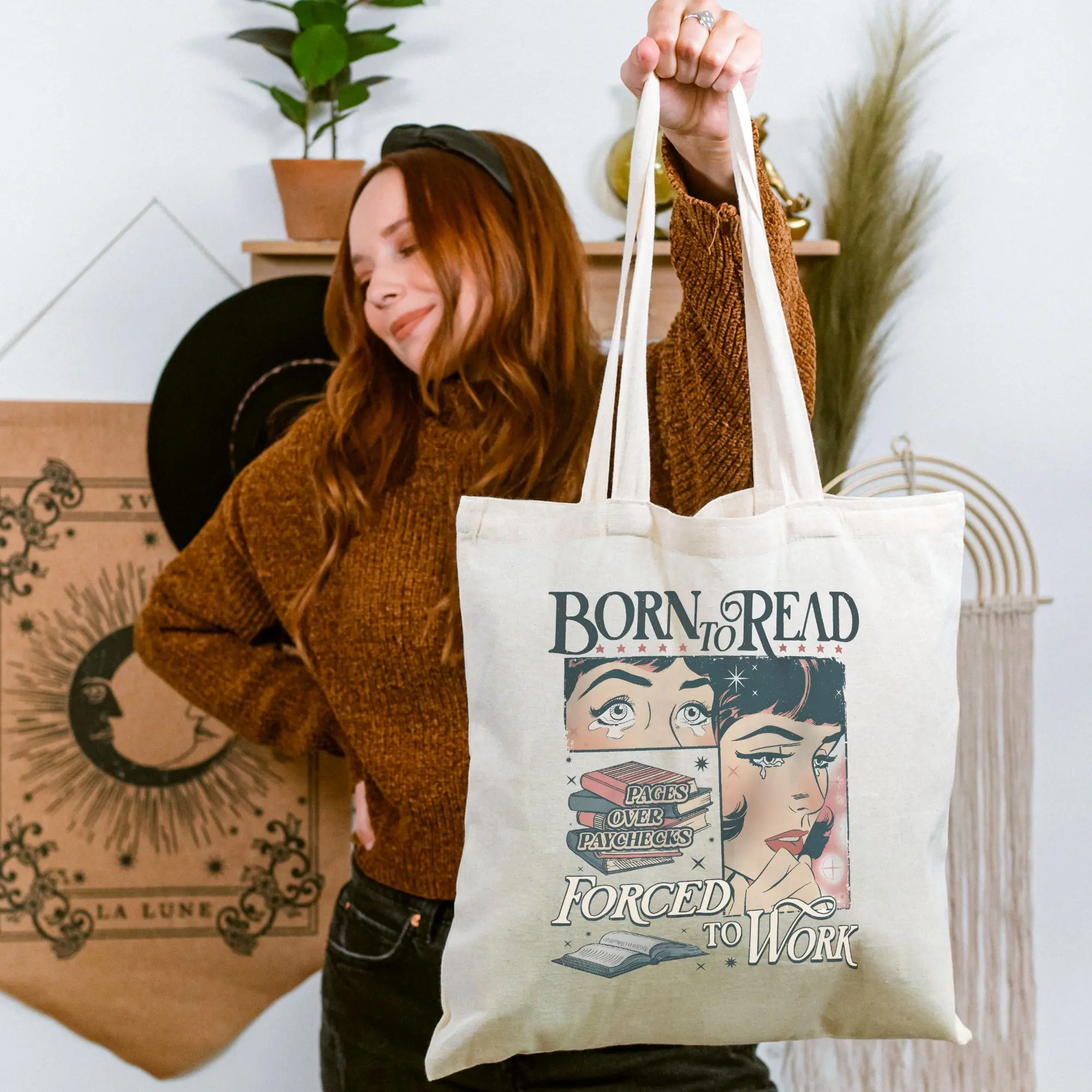 Born to  Read Forced to Work Tote Bag Bookish Bookworm Booktok Romance Books