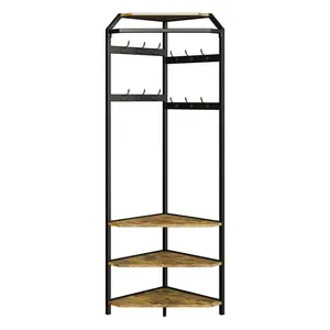 Corner Coat Rack with Shoe Bench Entryway and 12 Double Hooks, Corner Hall Tree - Corner Clothes Rack with Storage Corner Tree with Organizer Shoe Bench Shelf for Entryway, Hallway, Closet, Grey