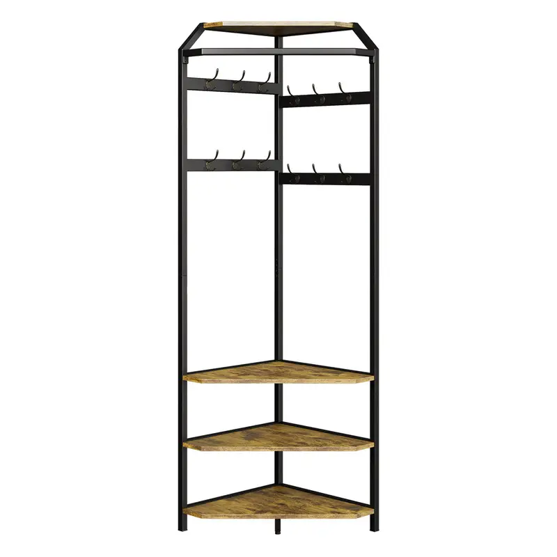 GARVEE Corner Coat Rack with Shoe Bench Entryway and 12 Double Hooks, Corner Hall Tree - Corner Clothes Rack with Storage Corner Tree with Organizer Shoe Bench Shelf for Entryway, Hallway, Closet, Grey