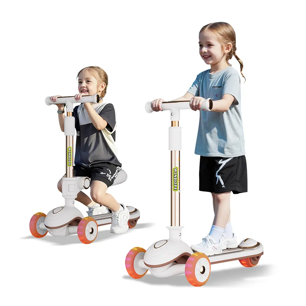 Winhope 2-in-1 Kids Scooter (Ages 3–8), dual modes for sitting/standing riding, adjustable height, LED flashing wheels, gravity steering, suitable for indoor and outdoor use