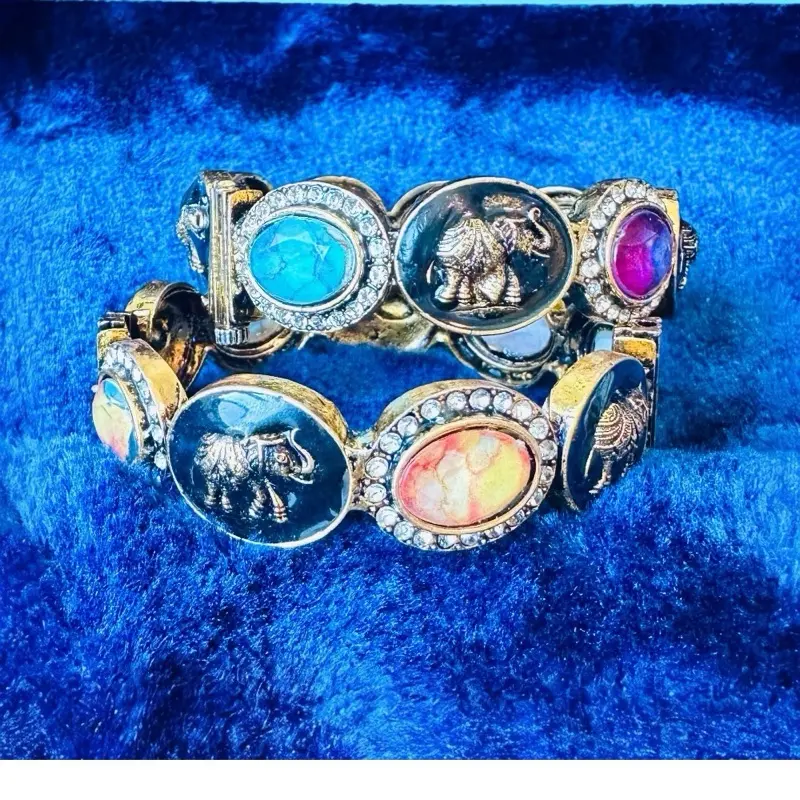 Majestic Elephant Heritage Kada: Antique Gold-Finished Bangles with Multi-Color set of 2