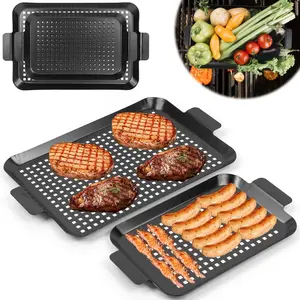 Grill Tray Set Of 2 Outdoor Grill Pans Tray Grill Pans with Hole Nonstick Barbecue Grilling Baskets for Outdoor Camping Vegetable Meat (2 grill pan)