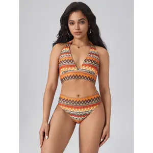 Cider Halter Geometric Striped Bikini Set SwimWeek