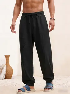 Men's casual linen long pants, loose fit with elasticized cuffs, summer beach pants, lightweight and breathable fabric, perfect for daily wear and outdoor sports pants.