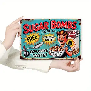 1PC Unique Style "Sugar Bomb" Metal Chimney Sign - Durable, Weatherproof, Pre-Drilled for Easy Hanging, Suitable for Living Room, Garden, Gym, Coffee Shop, Garage, Indoor and Outdoor Decoration, 19.81x29.97cm Iron Sign with Cartoon Boy and Grain Design, I