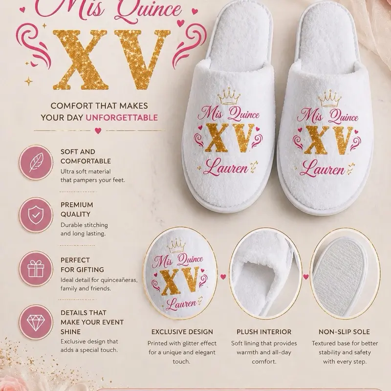 Personalized “Mis Quince” Slippers – Pack of 12 Pairs Personalized “Mis Quince” Slippers – Pack of 12 Pairs