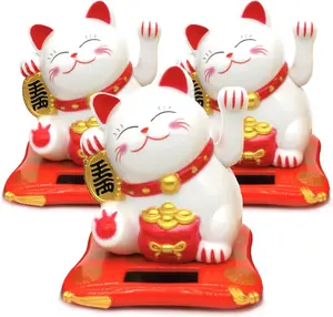 Lucky Cat Waving Arm Set, Vivid and Lovely Chinese Cat, Solar Fortune Cat Statue Decorations for Decorating Front Desk, Car, Business Openings, 2.95IN White 3PCS