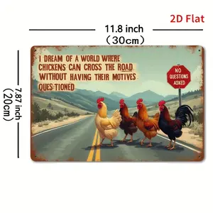 [2D Flat] 1pc "Chick Cross the Road" Vintage Metal Sign - 8x12 Inch, Durable Iron Wall Art with Colorful Chicken Silhouette, Ideal for Home, Bar, Cafe, and Restaurant Decor, Easy to Hang Design, Bar Wall Decor|Vintage Metal Sign|Durable Iron Sign, Chicken