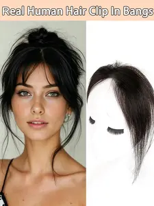 Women's Tassel Clip-In Hair Piece, Elegant Real Human Hair Topper Straight Hairline Bangs, Dense Fuller Forehead Bangs, Easy to Wear, Free Parting Style