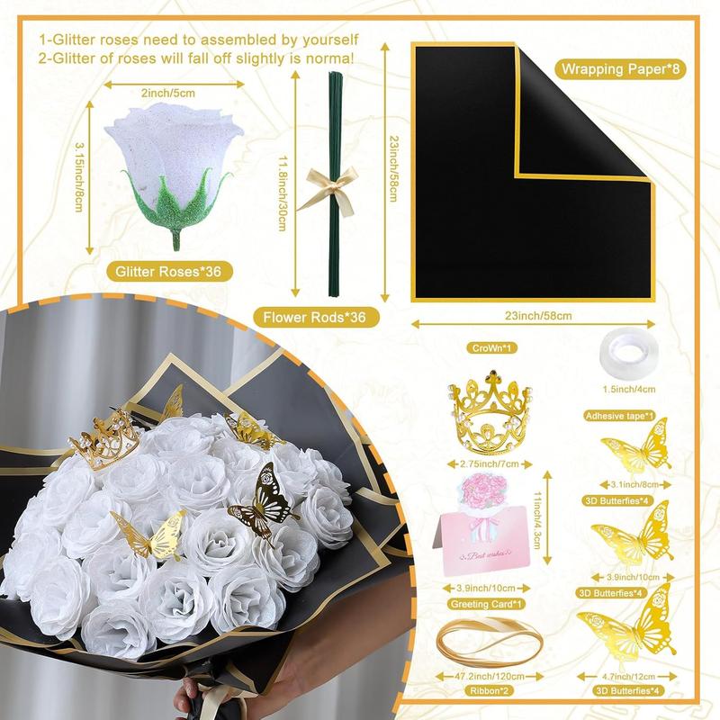 DIY Glitter Roses Bouquet White  - 36 Pack  Shiny Bouquet with Stems Butterfly Crown Eternal Floral for Halloween Elegance Wedding Bouquets Anniversary Birthday Party Gifts