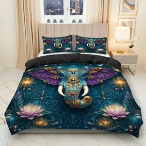 3PCS Duvet Cover Set, 1 Duvet+2 Pillowcases(Without filler), Elephant Lotus Mandala Bohemian Zen theme, Diwali bedding set, mystical design Suitable for decoration bedroom living room meditation room.