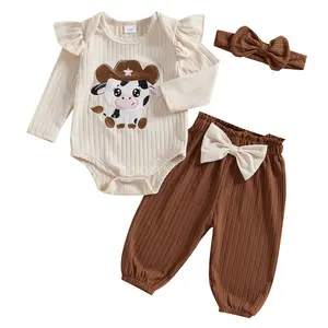 Western Baby Girl Clothes Ruffle Long Sleeve Cow Print Shirt Romper Elastic Waist Pants With Headband Set Outfit 3Pcs