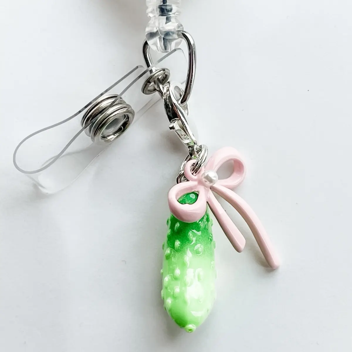 Pickle Lovers Coquette Badge Reel Charm Purse Charm Backpack Keys with Pink Bow Rollerblading Charm, BADGE REEL NOT INCLUDED