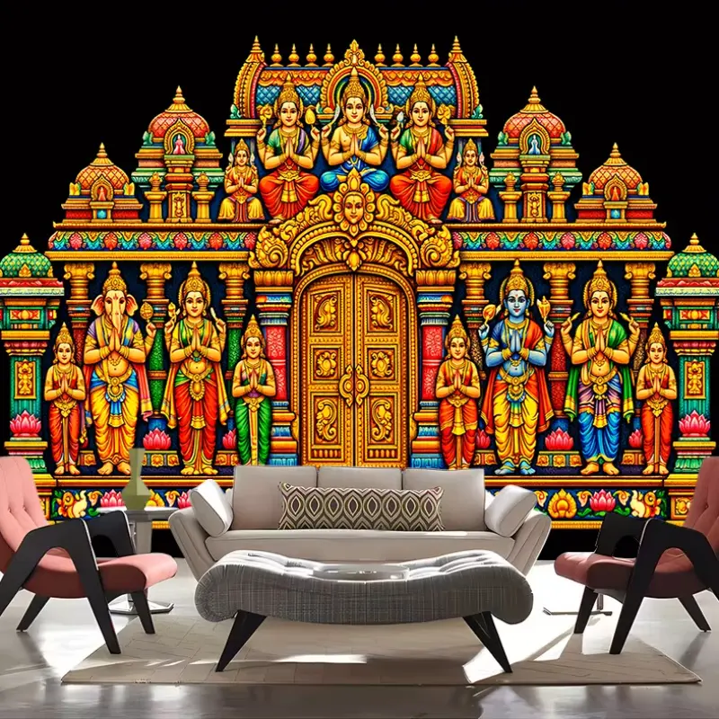 Hindu Religious 2D Flat Print Polyester Wall Tapestry - Ornate Architecture, Deities Prints, Colorful Aesthetic Tapestries, Non-Luminous Indoor Home Decor for Living Rooms, Meditation Areas