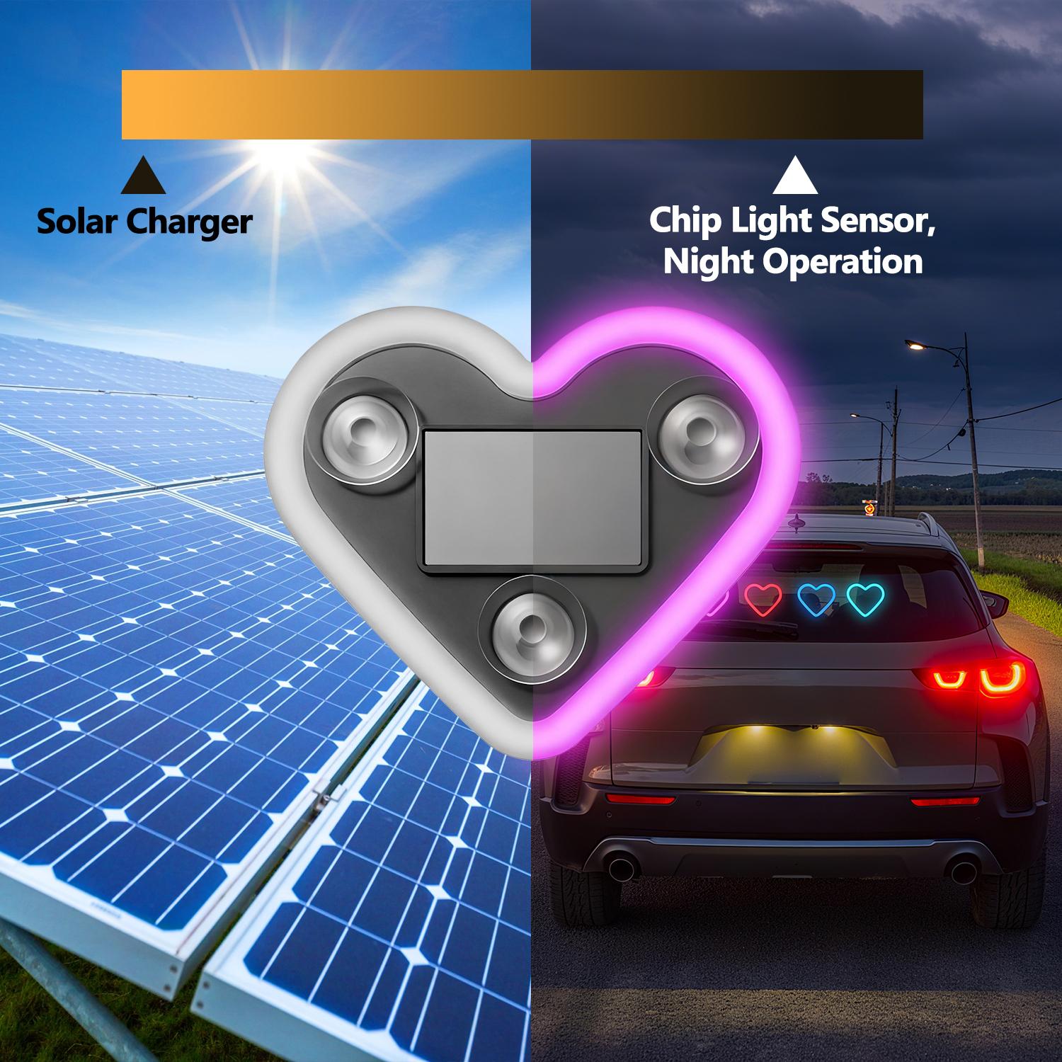 Solar-Powered Heart-Shaped LED Neon Light, Wireless Car Ambient Light with 3 Modes, IP65 Waterproof Romantic Atmosphere Lamp for Car Interior, Outdoor Decor, Couples Gift, Easy Install No Wiring