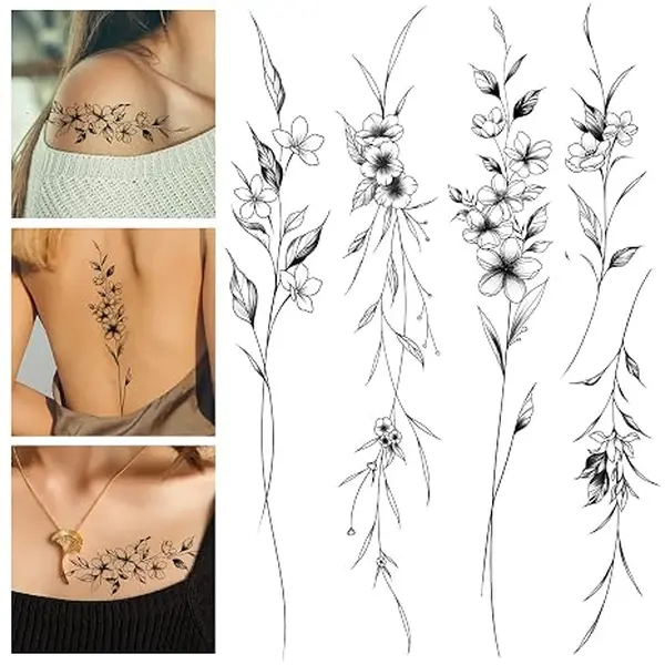 12 Sheets Long Flowers Vine Leaves Plant Temporary Tattoos for Women | Realistic, Long Lasting, Adult Fake Tattoo Stickers, Shoulder, Sleeve, Waist, Arm, Leg, Foot