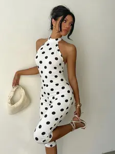 Polka Dot Halter Neck Bodycon Jumpsuit, Womenswear, Stretchy Sleeveless Open Back Cropped Romper, Summer Y2K Outfit, White Black Polka Dot One Piece Outfit, Women's Party Club Night Out Streetwear, Slim Fit High Waist Vacation Casual Wear Chic