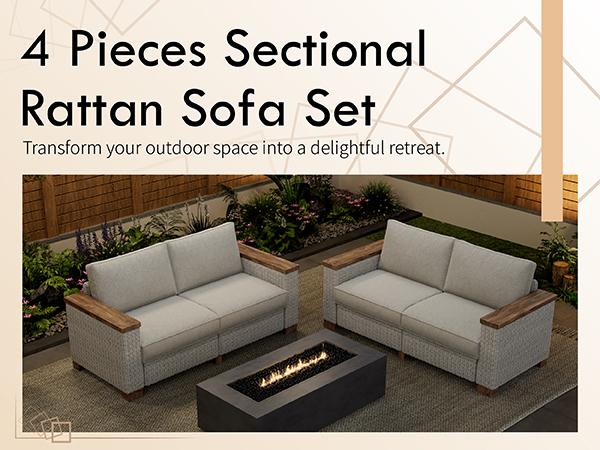 【Ships in 2 Boxes】AMERLIFE Outdoor Patio Furniture Set, Rattan Wicker Sofa Couches Set, Outdoor Sectional Furniture Set with Washable Cushions for Lawn Backyard Garden