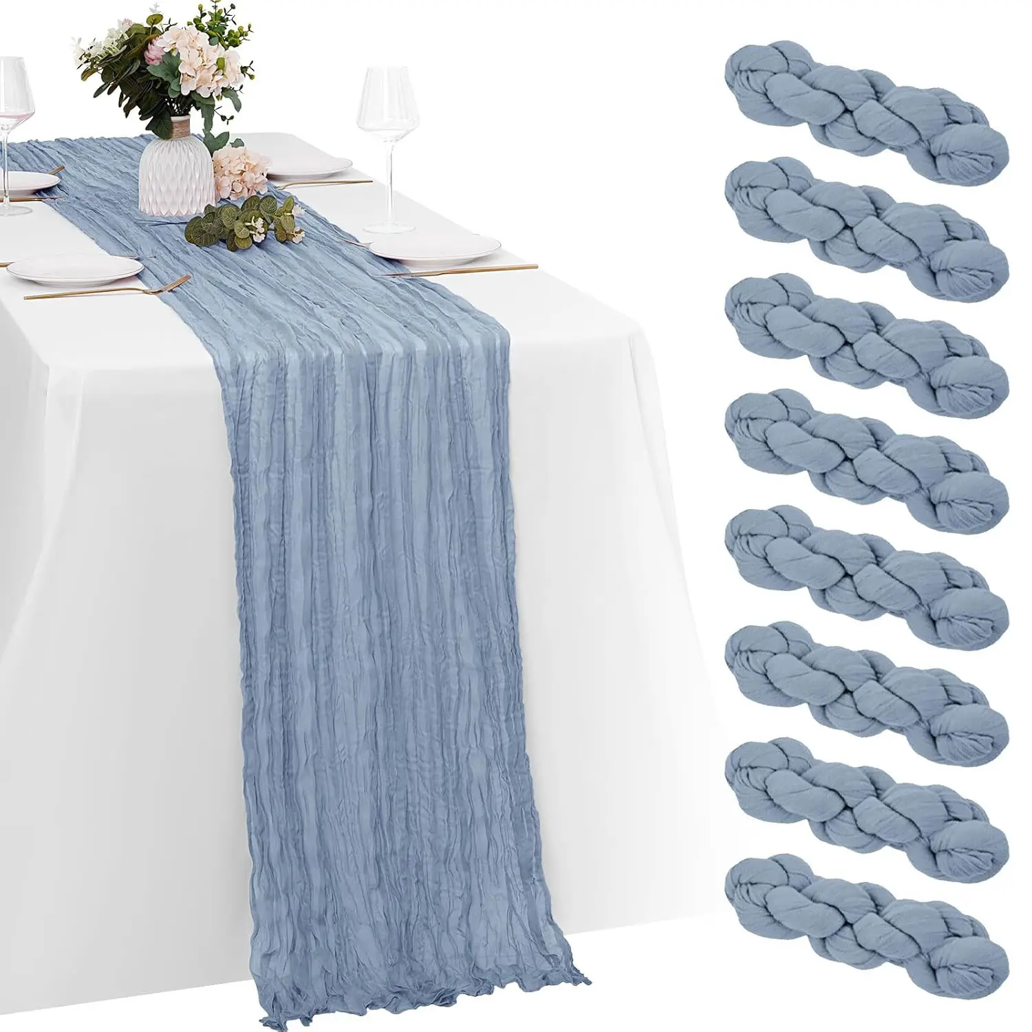 Dusty Blue Cheesecloth Table Runner, 10 Pack Boho Gauze Fabric Runners 17x108 inch 9FT  Vintage Rustic Sheer Linens for Wedding, Bridal Shower Table Decorations