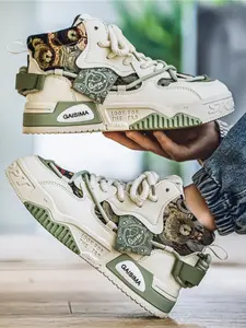 Men's Beige-Brown Bear Print High-Top Sneakers, Sports Shoes, Trendy Cute Casual Style, Cartoon Print + Platform Design + Logo Decor, Eye-Catching Style, Comfortable Fit , Ideal for Daily Commuting & Street Wear Scenarios