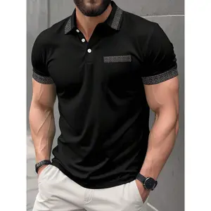 Men's Business Casual Printed Patchwork Pocket Short Sleeve Polo Shirt Top Menswear