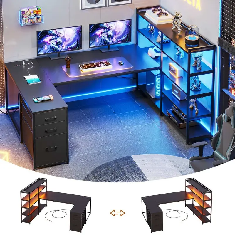 Sikaic 64.5 Inches Reversible L-Shaped Office Computer Desk - U-Shaped Gaming Desk Design, LED Lights, Power Outlet, Storage Shelves, 3 Drawers