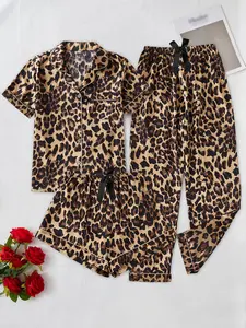 Elegant Women's 3-Piece Leopard Print Pajama Set, Fitted Short Sleeve and Long Pants, Cute Bow Design for All Seasons, Matching Pj Set