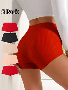 Women's Mid-Waist Seamless Briefs, Fashion Striped Solid Color Casual Underwear Panties, Elastic Waist Comfortable Breathable Skin-Friendly, 5 Pack
