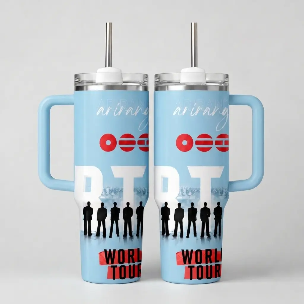 Arirang World Tour 2026 Tumbler, Kpop Inspired Blue Pink 40oz Tumbler Cup – Boy Band Fan Gift, Insulated Travel Mug with Straw Lid, Aesthetic Idol Design