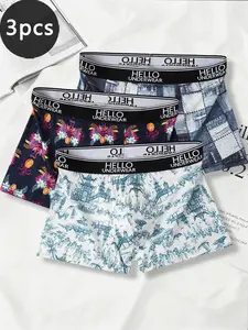 Men's Simple Breathable Boyshorts, Comfortable Plain Letter Print Underwear, Slim-Fitting Casual Wear for All Seasons, 3 Pack