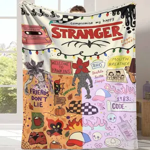 Retro Hawkins Theme Flannel Blanket Stranger Graphic Print Soft Warm Cozy Lightweight for Sofa Bedroom Halloween Party Gift