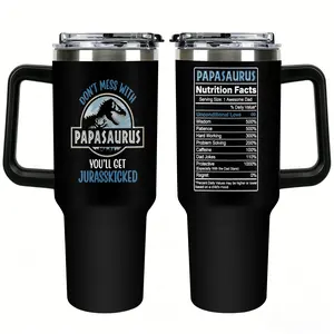Father's Day Gift, 40oz, Papasaurus, T-Rex Dinosaur Dad, Car Tumbler, With Handle, Straw, Black White Handle, Nutrition Facts, Vacuum Insulated Coffee Mug, Best Dad Gift, Husband Gift