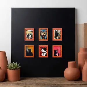 6-Piece Vibrant Cat Portrait Magnet Set, 3D Wooden Mini Frames, Ideal for Kitchen Fridge, File Cabinet, Whiteboard, Metal Desk Divider