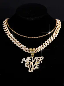3pcs Hip-Hop Shining Letter Never Give Up Pendant Necklace, Sparkling Cuban Link Chain Stacked Necklaces for Men Women, High-Quality Daily Wear Inspirational Jewelry