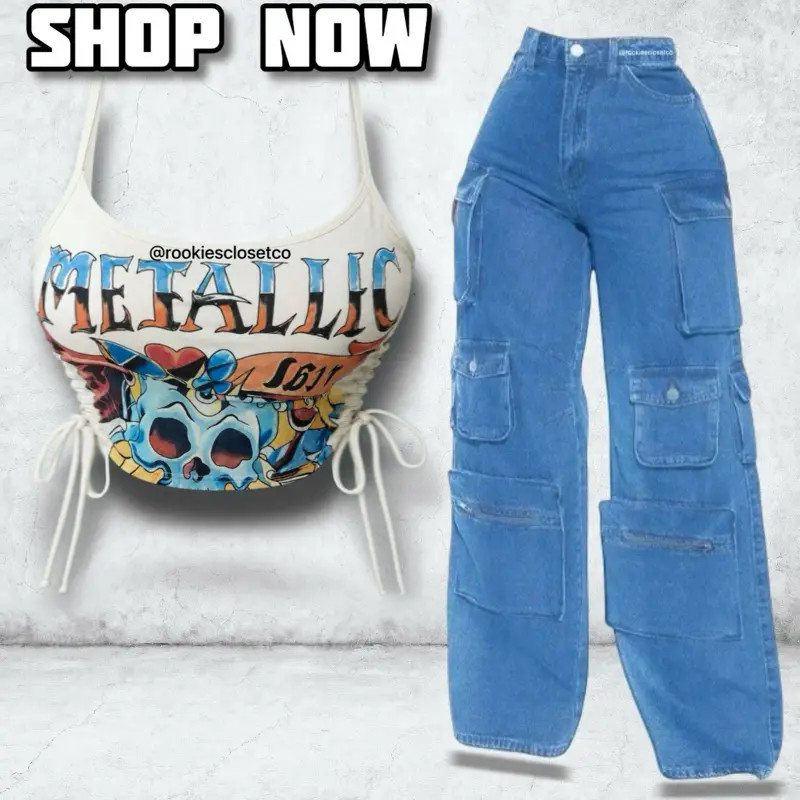 Cargo Pants and Top Set | Women’s Y2K Graphic Corset Tank Top | Wide Leg Cargo Pants | Matching 2 Piece Streetwear Outfit Set
